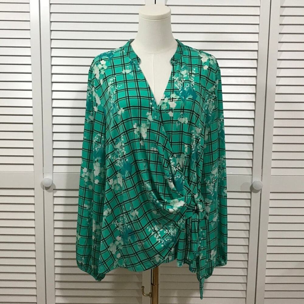 Alfani Teal Floral Plaid Wrap Chic Boho Long Sleeve Blouse L